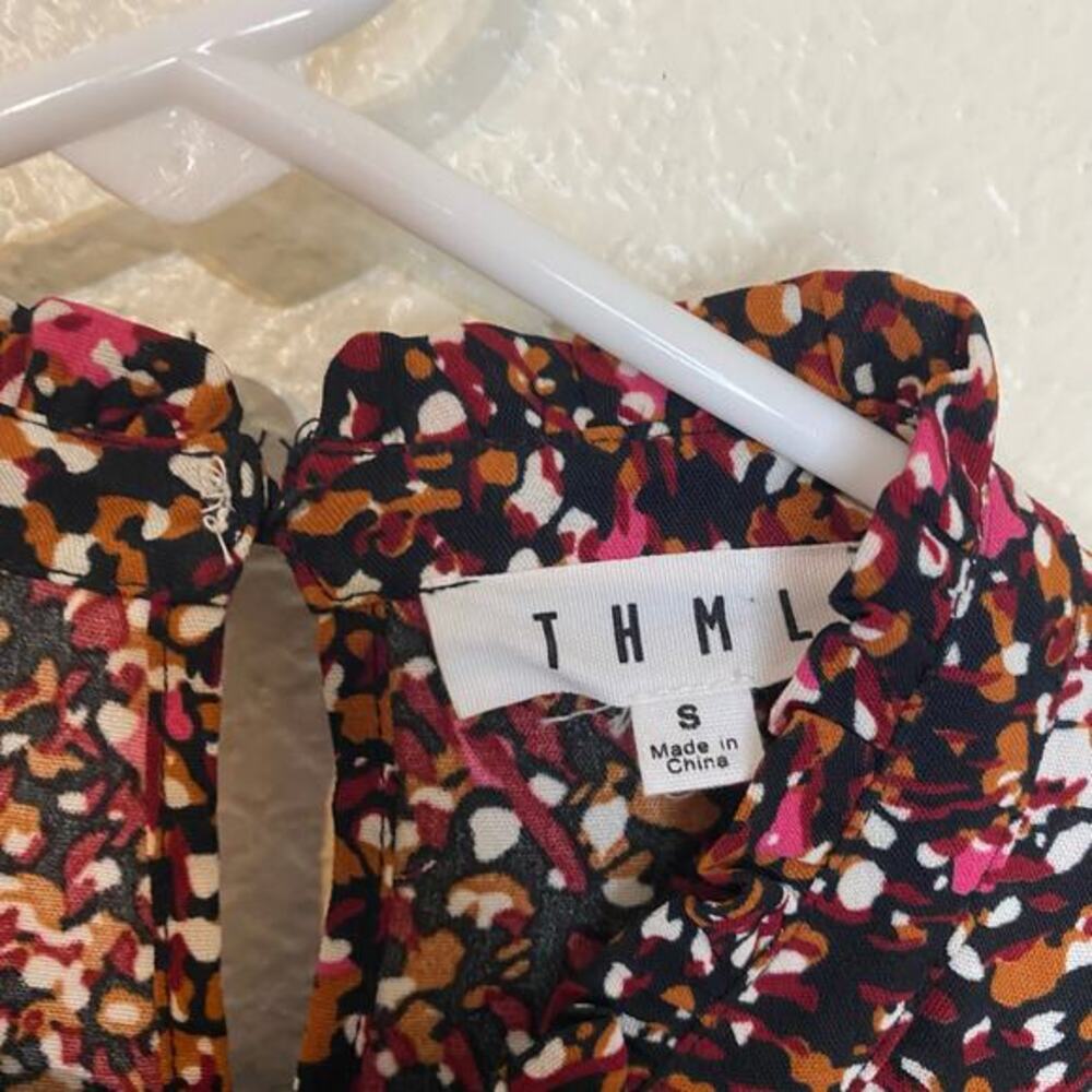 THML Burgundy Abstract‎ Confetti Smocked Waist Ruffle Neck Mini Dress Size S - Picture 7 of 13
